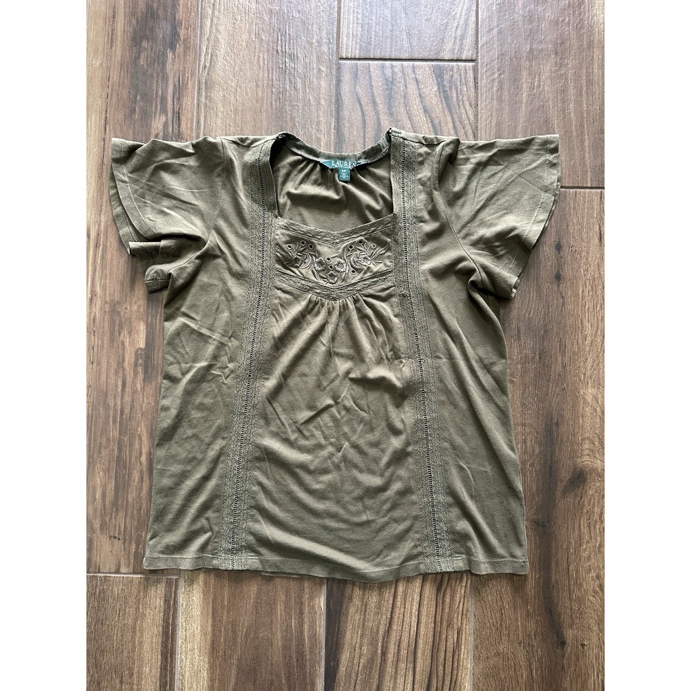 Lauren Ralph Lauren Olive Green Embroidered Crochet‎ Flutter Sleeve Top Small